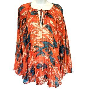 Michael Kors Womens Pleated Crinkle Chiffon Caftan Blouse L Orange & Blue Abstra